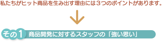 私たちがヒット商品を生み出す理由には３つのポイントがあります。その1 商品開発に対するスタッフの「強い思い」